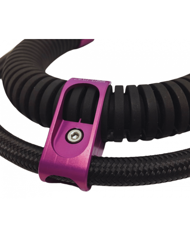 Purple hose clamp on black hose