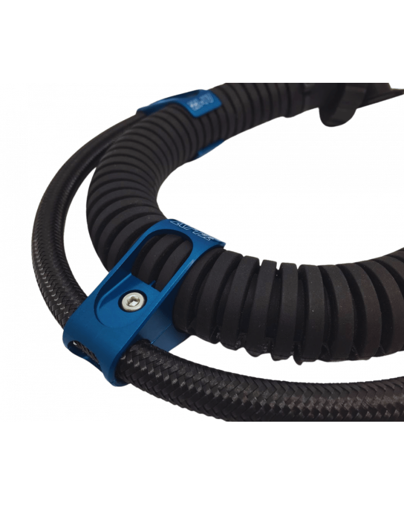 Blue hose clamp on black corrugated hose