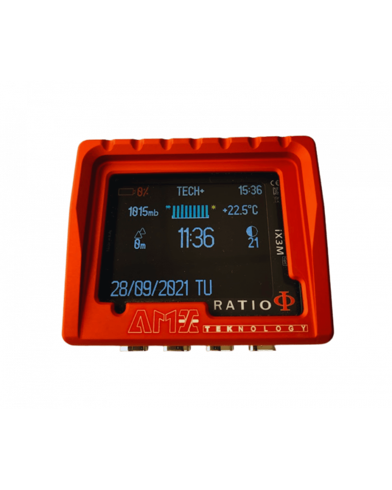 Orange dive computer showing time and data