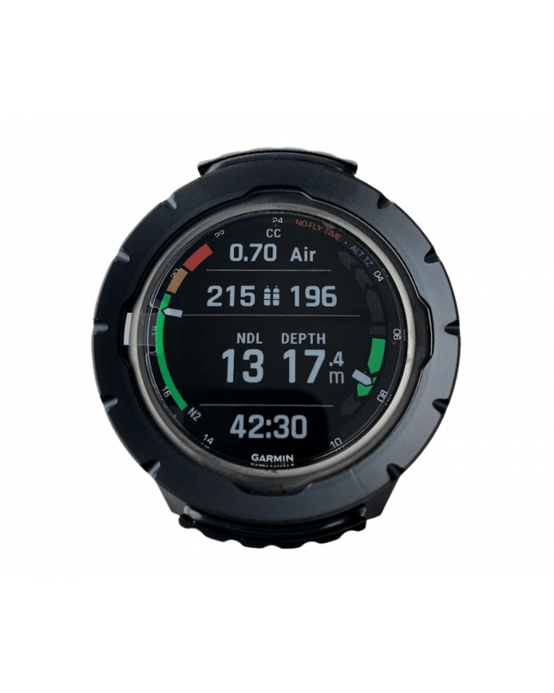 Garmin dive computer showing depth, air, and time.