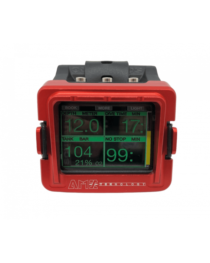 Red dive computer showing depth, tank pressure, and dive time.