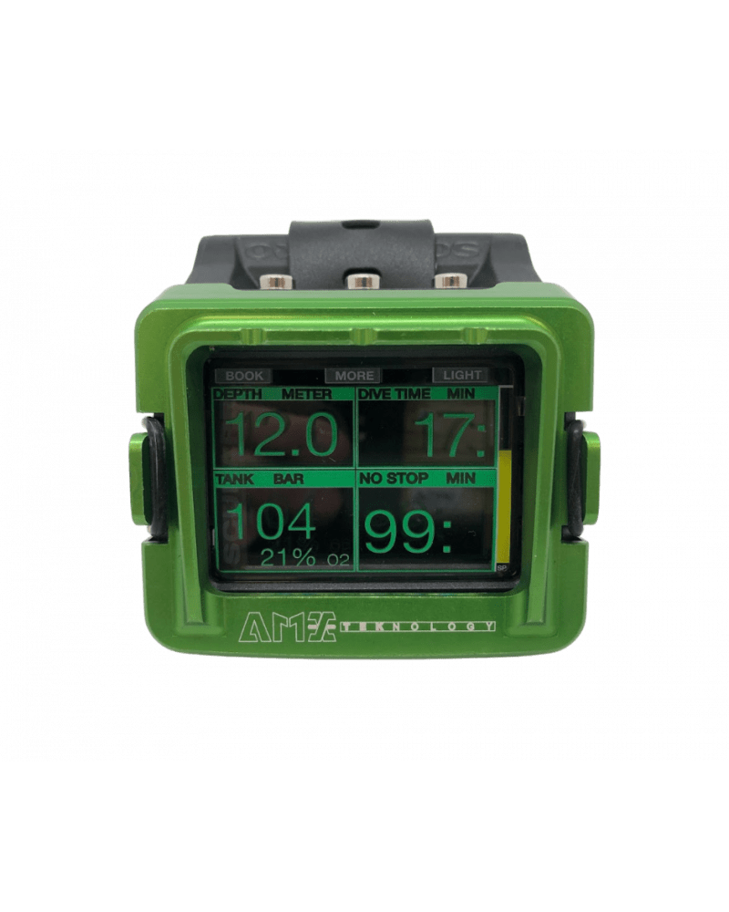 Green dive computer showing depth, time, and tank info.