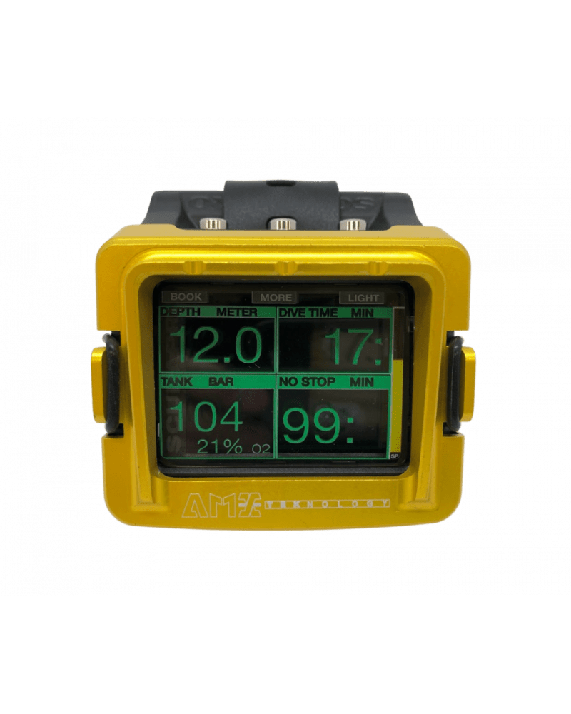 Yellow dive computer showing depth, time, and tank pressure.
