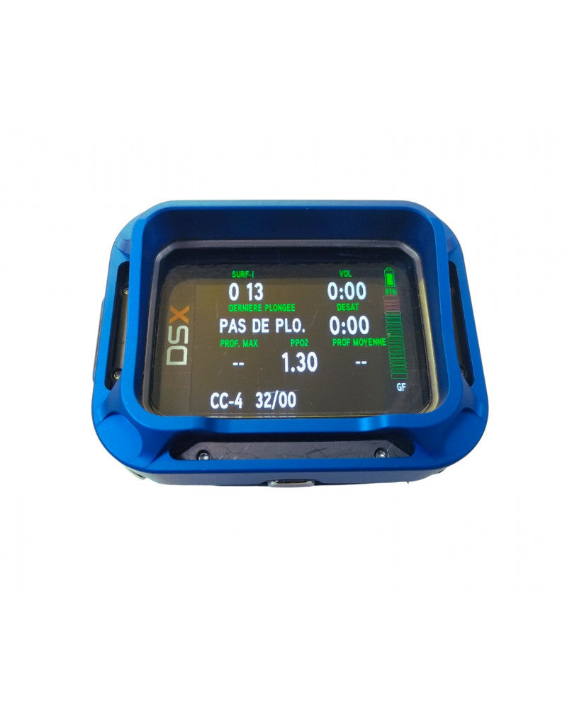 DSX dive computer with blue case displaying dive data.