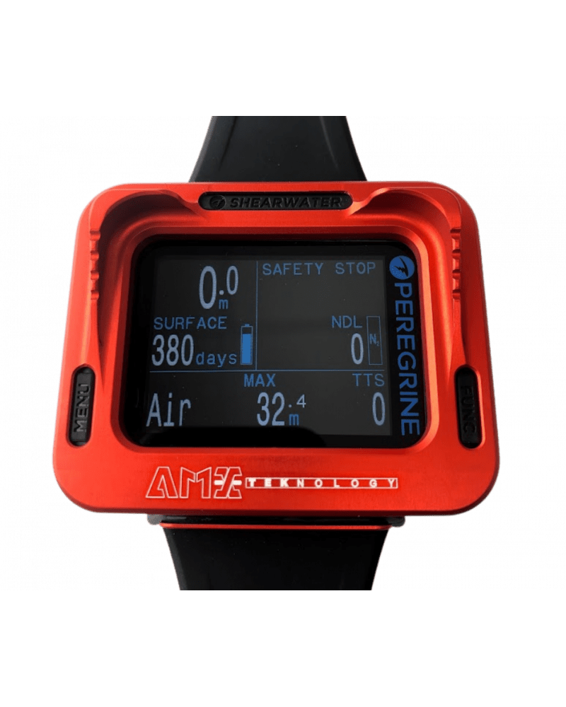 Peregrine Red dive computer showing depth and air information.