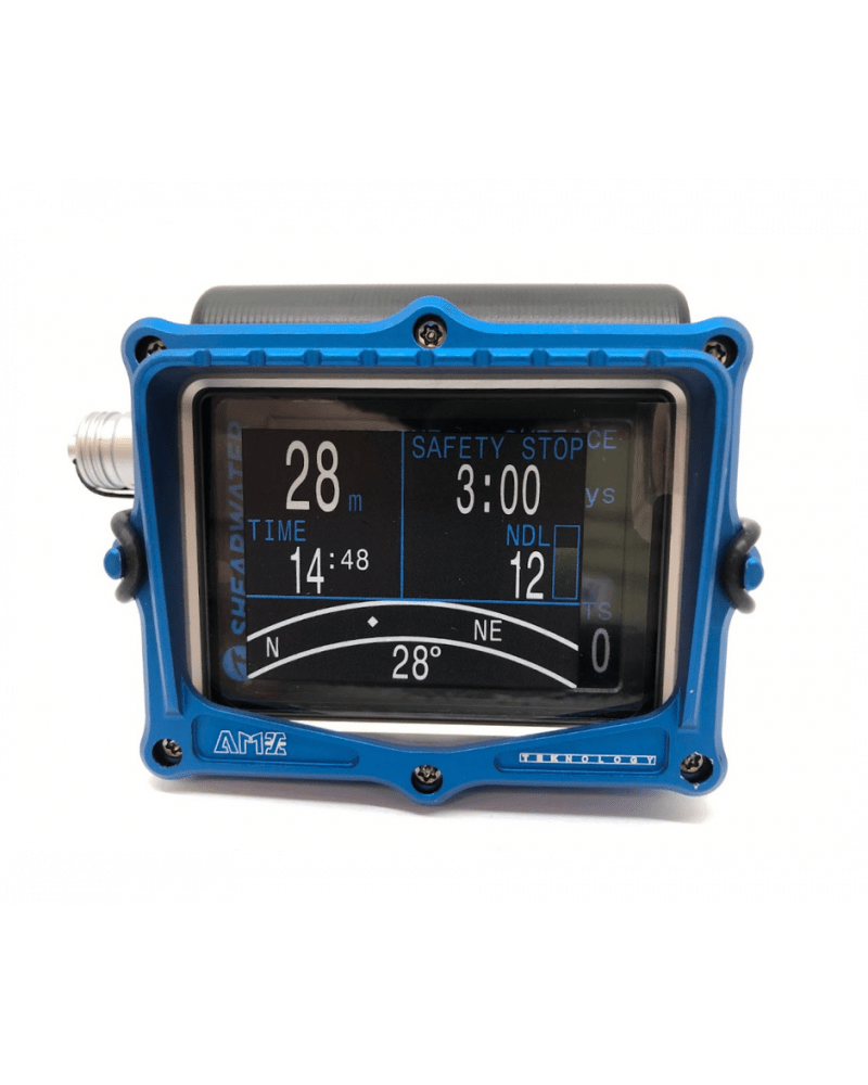 Blue dive computer showing time and safety stop information.