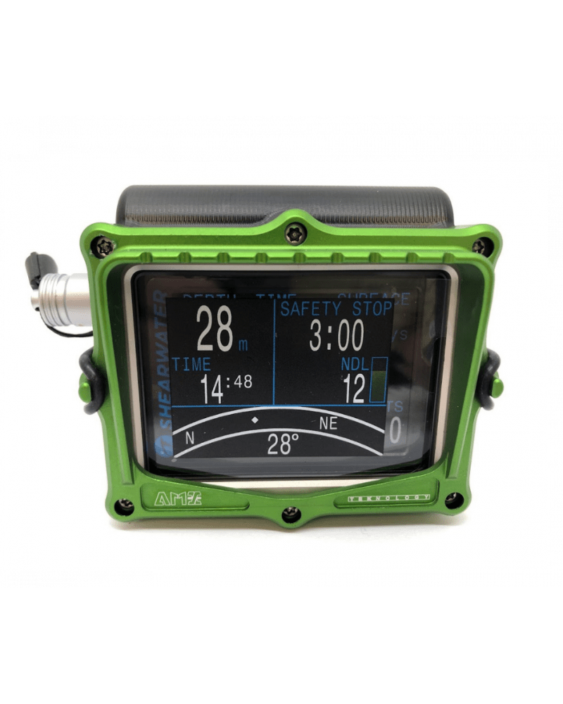 Green diving computer displaying depth and time.