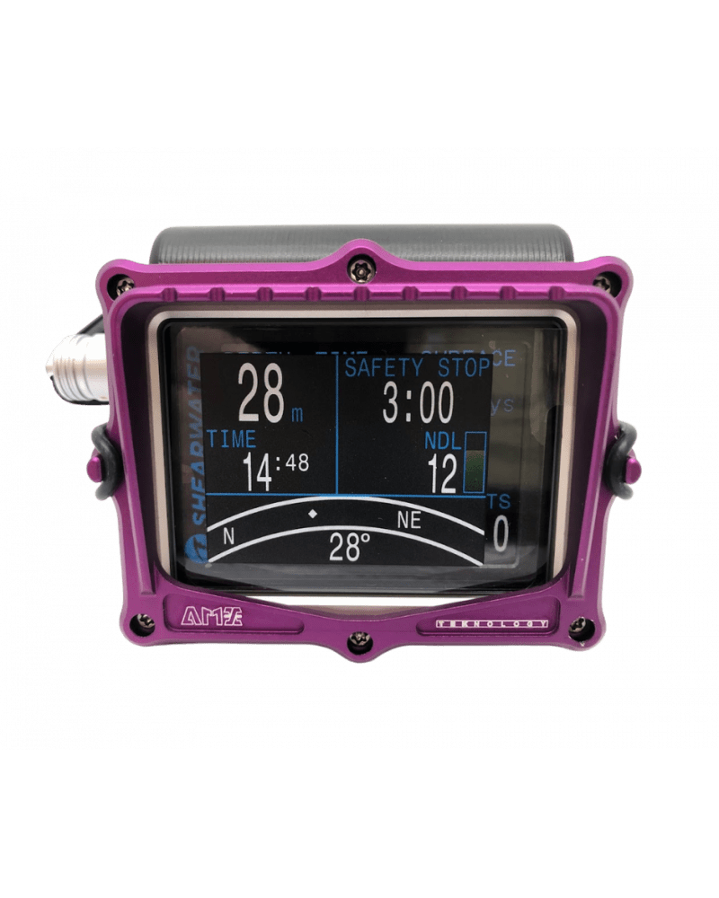 Purple dive computer showing time and safety stop.