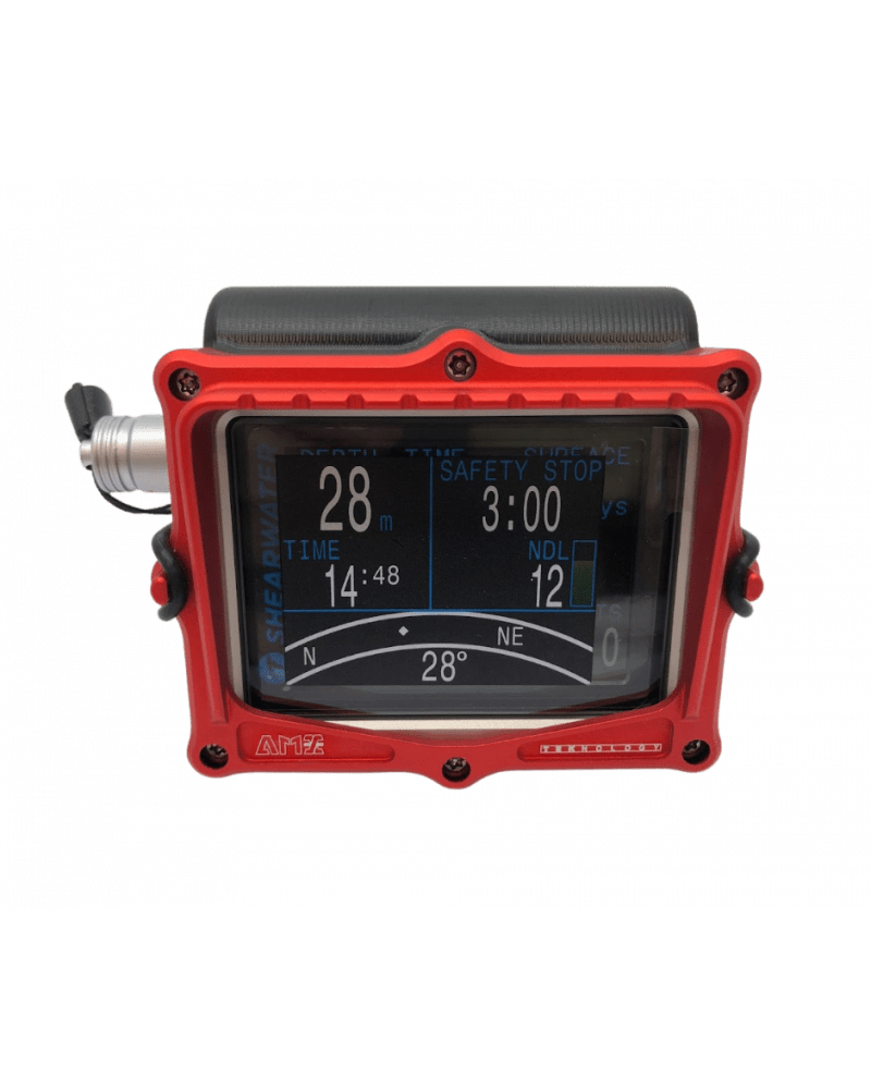 Red digital display device with readings.