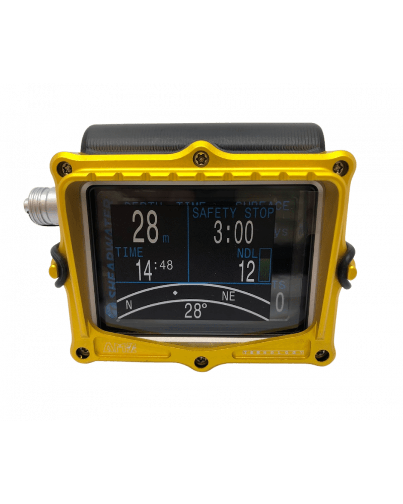 Yellow dive computer displaying data.