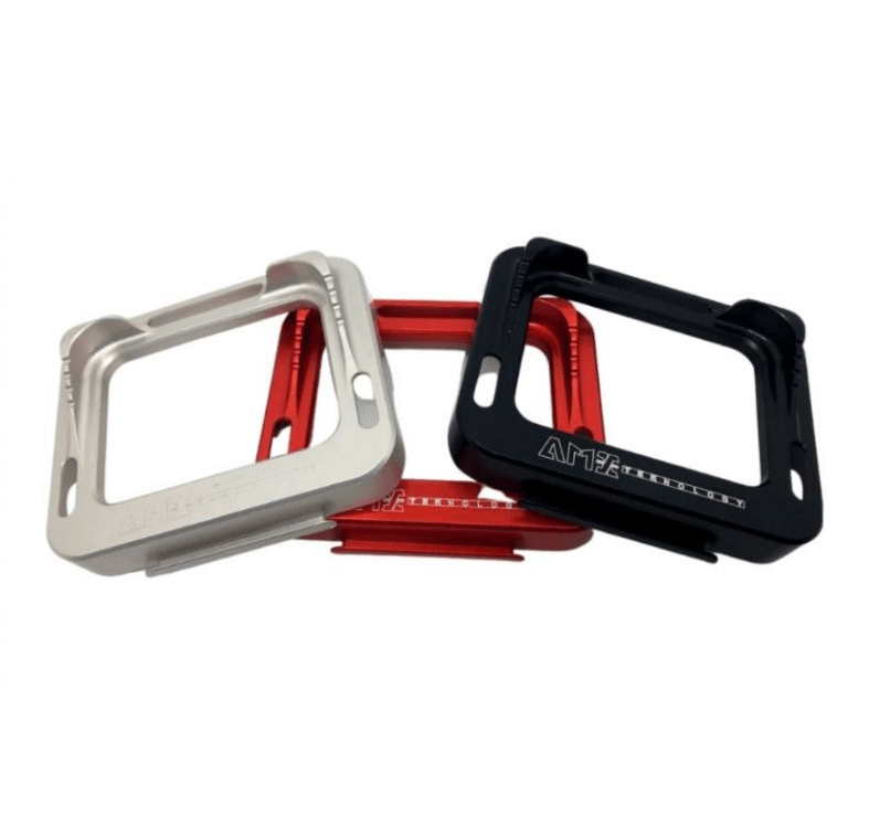 Aluminum camera cage in silver, red, and black